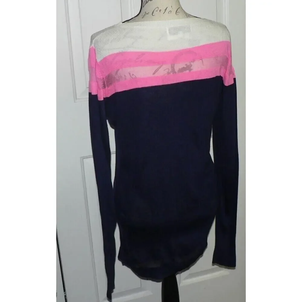John + Jenn Lightweight Sheer Stripe Sweater Mini Dress Navy/Pink/Wht Medium $99